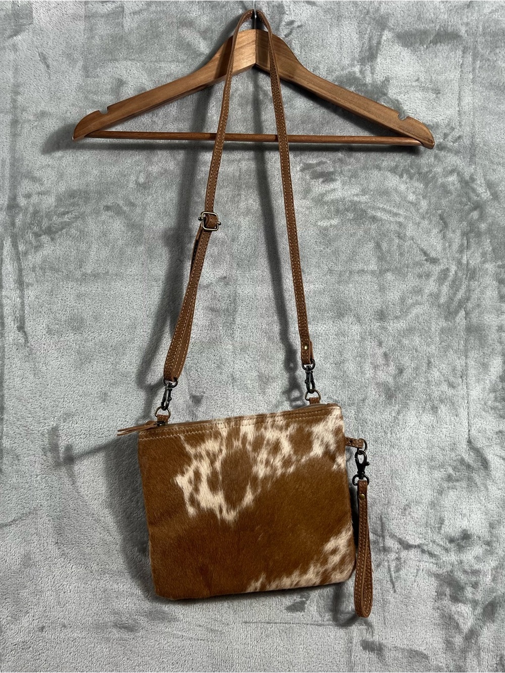 Myra Bag Small Crossbody Purse Cowhide Hair Adjustable Detachable Strap Brown